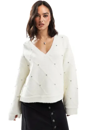 Miss Selfridge Diamond pattern embellished wide sleeve sweater in cream