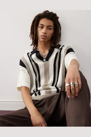 COLLUSION V-neck striped polo shirt in cream