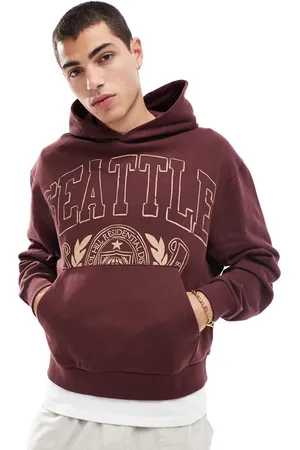 ASOS Boxy oversized hoodie with front city print in burgundy