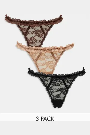 ASOS 3 pack vintage ruffle thong in caramel, chocolate & black