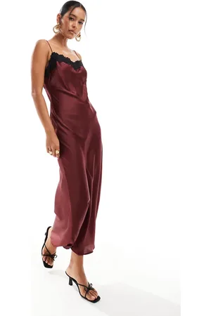 ASOS Satin cami lace detail midi dress in burgundy