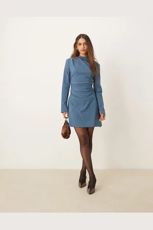 ASOS Bengaline high neck long sleeve mini dress with ruching detail in denim