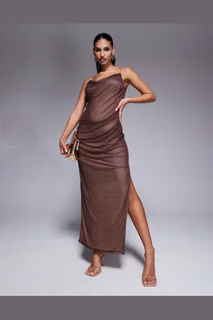 ASOS Mesh drapey cami midi dress with clear strap detail in chocolate