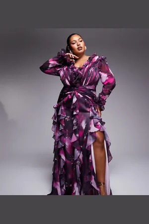 ASOS Curve organza long sleeve exaggerated ruffle maxi dress in dark floral