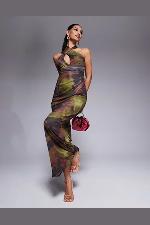 ASOS Halter cross front maxi dress in dark green & pink floral