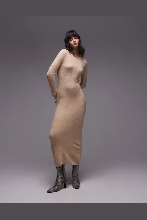 MANGO Boat neck light weight midi dress in beige