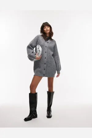 Topshop Knit high v-neck fluffy cardigan dress in charcoal
