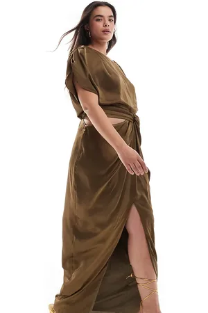 TFNC Satin maxi dress with knot cut-out waist in olive