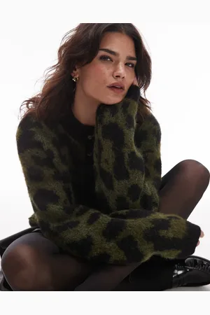 Topshop Knit fluffy animal crew cardi in khaki