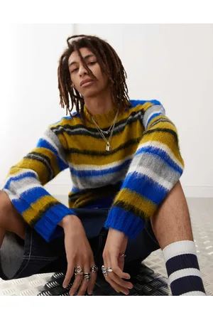 COLLUSION Brushed oversized fluffy striped crew neck sweater in yellow stripe