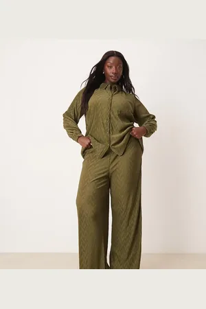 VILA Plisse wide leg pants in dark olive - part of a set