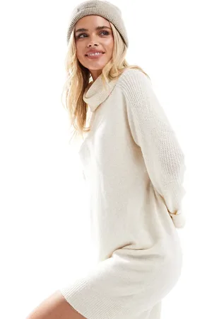VERO MODA Knit roll neck mini dress in cream melange