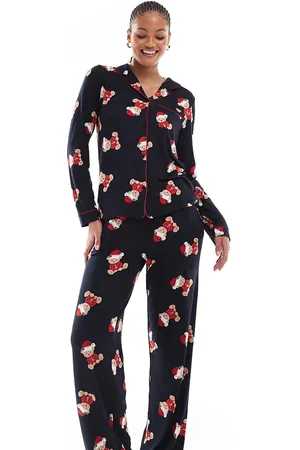 Chelsea Peers Chelsea Peers Exclusive Tall Christmas teddy print long sleeve camp collar shirt and pants pajama set in