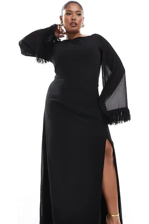 TFNC Long sleeve maxi dress with faux feather cuffs in