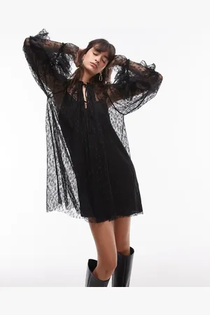 Topshop Lace long sleeve mini trapeze dress in