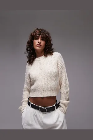 Topshop Knit cropped fluffy cable cardigan in cream