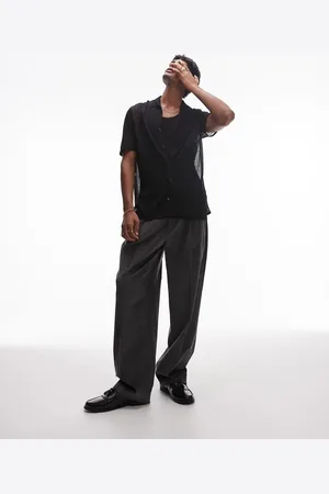 Topman Pleated wide leg pants in charcoal corduroy