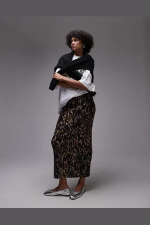 Topshop Abstract animal plisse midaxi skirt in multi