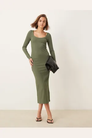 ASOS Spaced ribbed long sleeve scoop midi dress in olive green
