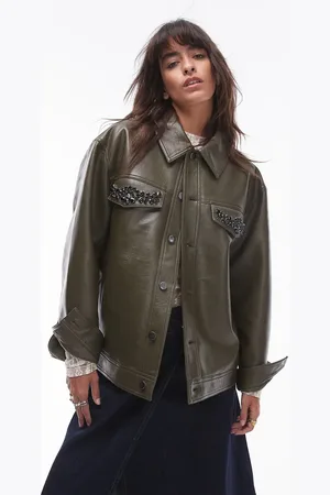 Topshop Faux leather center front embellished jacket in khaki