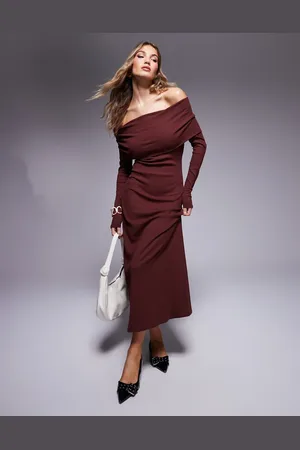 ASOS Ribbed long sleeve bardot midi dress in burgundy