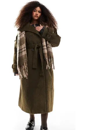 ASOS ASOS DESIGN Curve brushed funnel neck trench coat in khaki