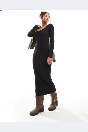 ASOS Spaced ribbed long sleeve scoop midi dress in