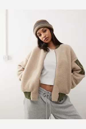Noisy May Faux shearling bomber jacket in beige