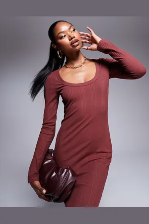 ASOS Spaced ribbed long sleeve scoop midi dress in burgundy