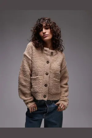 Topshop Knitted crew teddy cardigan with pockets in camel