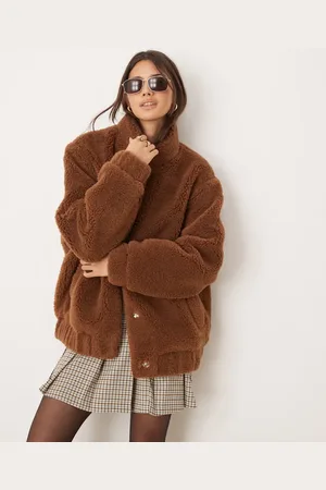 Miss Selfridge Oversized borg bomber jacket in tan