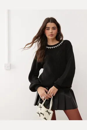 Miss Selfridge Faux pearl and diamante neck trim cable knit sweater in
