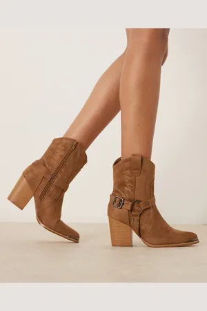Glamorous Western heel ankle boots in taupe micro