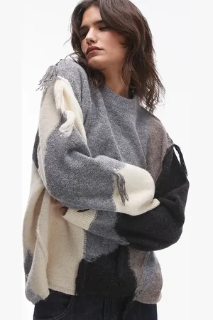 Topshop Knit tassel patchwork oversized sweater in neutral