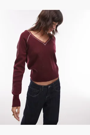 Topshop V neck tipping sweater in burgundy