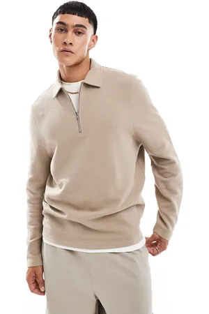 ASOS Half zip rib collar sweatshirt in stone