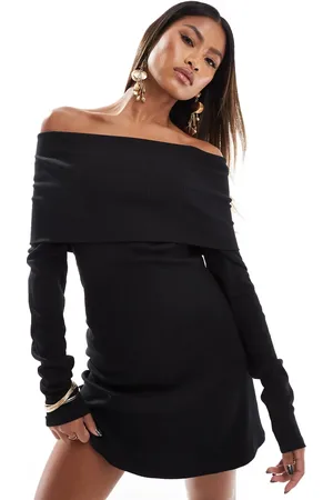 ASOS Ribbed long sleeve bardot mini dress in