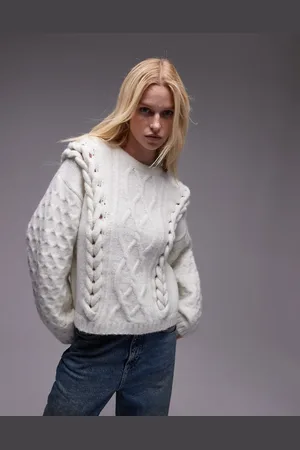 Topshop Knitted 3D cable relaxed sweater in ivory