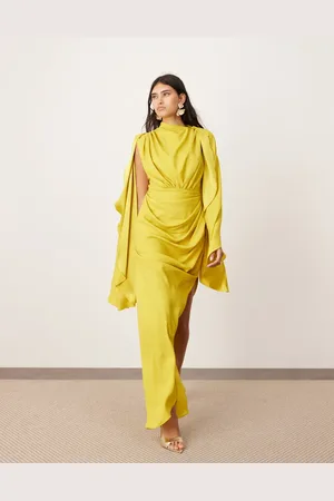 ASOS Satin extreme sleeve maxi dress with ruching in chartreuse