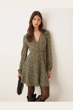 Glamorous Long sleeve v neck mini dress in black and yellow micro floral