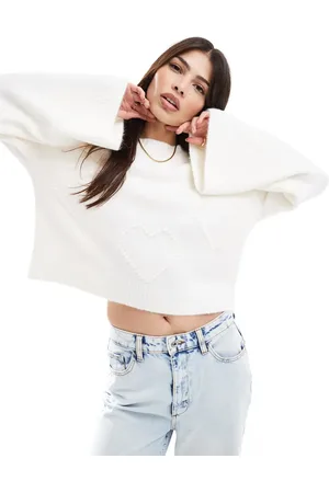 Miss Selfridge Textured heart detail slash neck wide sleeve sweater in cream
