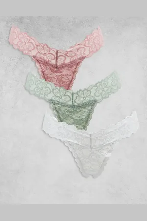 ASOS Minnie 3 pack all over lace thong in sage, mink & white