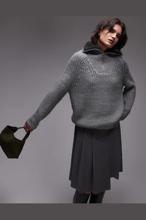 Topshop Knitted quarter zip collar sweater in gray