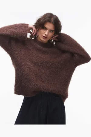 Topshop Knit ultra fluffy eyelash oversized sweater in chocolate