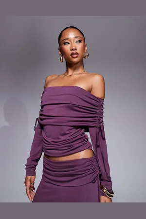 ASOS Premium modal off-shoulder ruched long sleeve top in burgundy