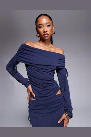 ASOS Premium modal off shoulder ruched long sleeve top in ink - MBLUE
