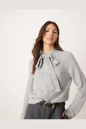 Miss Selfridge Tie neck knit sweater in heather