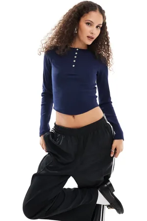 COLLUSION Oversized long sleeve Henley crop top in waffle