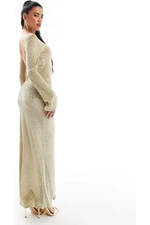 ASOS Low back sheer burnout mesh maxi dress with angel sleeves in sage