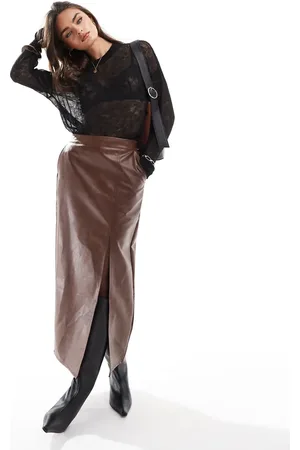ASOS Leather look maxi skirt with side slit in washed